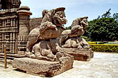 Orissa - Konarak - The Sun Temple, Gajasimha the two rampant lions striking elephants which once stood in front of the east entrance of the jagamohan, today guard the entrance of the mandapa 