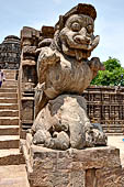 Orissa - Konarak - The Sun Temple, Gajasimha the two rampant lions striking elephants which once stood in front of the east entrance of the jagamohan, today guard the entrance of the mandapa