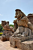 Orissa - Konarak - The Sun Temple, Gajasimha the two rampant lions striking elephants which once stood in front of the east entrance of the jagamohan, today guard the entrance of the mandapa