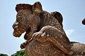 Orissa - Konarak - The Sun Temple, Gajasimha the two rampant lions striking elephants which once stood in front of the east entrance of the jagamohan, today guard the entrance of the mandapa 