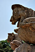 Orissa - Konarak - The Sun Temple, Gajasimha the two rampant lions striking elephants which once stood in front of the east entrance of the jagamohan, today guard the entrance of the mandapa