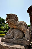 Orissa - Konarak - The Sun Temple,,Gajasimha  the two rampant lions striking elephants which once stood in front of the east entrance of the jagamohan, today guard the entrance of the mandapa 