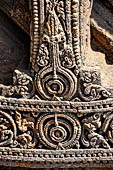 Konarak - Orissa. The Sun Temple, details of the twelve pairs of the great wheels arrayed along the platform. 
