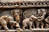 Orissa - Konarak - The Sun Temple. The frieze which runs continously all  around the base of the temple platform, decorated with more than ten thousands elephants . 