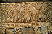 Udaigiri Cave 1  Rani Gumpha Queen's Cave - friezes of the upper storey. Kalinga queen carried away by Ashoka after the Kalinga battle. Detail of the third tableau: the scene of the combat between the prince and the princess. 