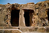 Orissa - Bhubaneswar. Udaigiri, Alakapuri Gumpha (cave n4). The entrance veranda with the dvarapala and female figure at the entrance sides.