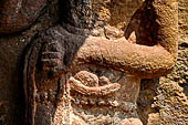 Orissa - Bhubaneswar. Udaigiri, Cave n4, details of the female figure with a parrot of the entrance cell.
