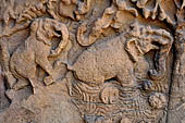 Udaigiri Cave 1 Rani Gumpha Queen's Cave - southern pavilion, detail of the decoration of the west wall: elephants at the bath.
