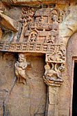 Udaigiri Cave 1 Rani Gumpha Queen's Cave - The friezes of the ground floor. The first from left is a two storied dwelling with human figures looking out from arched windows a high tree grows by the side.