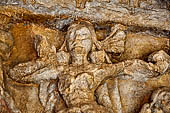 Udaigiri Cave 1 Rani Gumpha Queen's Cave - decorations of the three doorways of the veranda of the left wing of the ground floor. Detail of the third tableau (from left) the nautch girl.