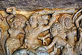 Udaigiri Cave 1 Rani Gumpha Queen's Cave -friezes of the upper storey. In accordance to a local legend the reliefs narrate the story of a Kalinga queen carried away by Ashoka after the Kalinga battle. Detail of the second tableau. 