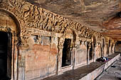 Udaigiri Cave 1 Rani Gumpha Queen's Cave - friezes of the upper storey. In accordance to a local legend the reliefs narrate the story of a Kalinga queen carried away by Ashoka after the Kalinga battle. General view of the third and the forth tableau. 