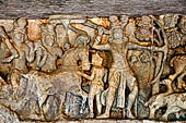 Udaigiri Cave 1 Rani Gumpha Queen's Cave - friezes of the upper storey. The story of a Kalinga queen carried away by Ashoka after the Kalinga battle. Detail of the fourth tableau: the prince with his horse and attendants. 