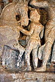 Udaigiri Cave 1 Rani Gumpha Queen's Cave - friezes of the upper storey. The story of a Kalinga queen carried away by Ashoka after the Kalinga battle. Detail of the fourth tableau: an attendant of the prince. 