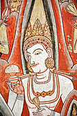 Dambulla cave temples - Cave 2, Maharaja Vihara (Temple of the Great Kings) panels of the Mara Parajaya (Defeat of Mara): panel of the Isipatana, details of the assembly receiving the first Buddha sermon. 