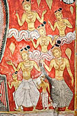 Dambulla cave temples - Cave 2, Maharaja Vihara (Temple of the Great Kings) panels of the Mara Parajaya (Defeat of Mara): in the second panel Buddha seated in dhyani mudra is tempted by the daughters of Mara. 