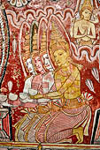 Dambulla cave temples - Cave 2, Maharaja Vihara (Temple of the Great Kings) panels of the Mara Parajaya (Defeat of Mara): panel of the Isipatana, details of the assembly receiving the first Buddha sermon. 