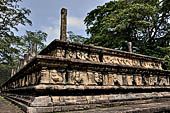 Polonnaruwa - the Citadel, the Council Chamber. Friezes of the platform with dwarfs, lions and galumphing elephants.