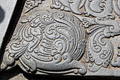 Kandy - The Sacred Tooth Relic Temple, the Great Gate detail of the triangular moonstone. 