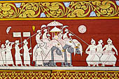 Kandy - The Sacred Tooth Relic Temple, entrance stairway: details of the canopy painted with lotuses and pictures of the perahera.