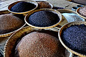 The market of Makale - stalls selling local produce including coffee, tobacco, buckets of live eels, piles of fresh and dried fish, and jugs of  'balok'