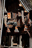 Pallawa - Traditional tongkonan house. The front of the house usually has a carved buffalo head and a collection of genuine buffalo horns.