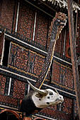 Pallawa - Traditional tongkonan house. The mysterious so-called katik on top of the buffalo  head a big, long-necked bird with a crest. 